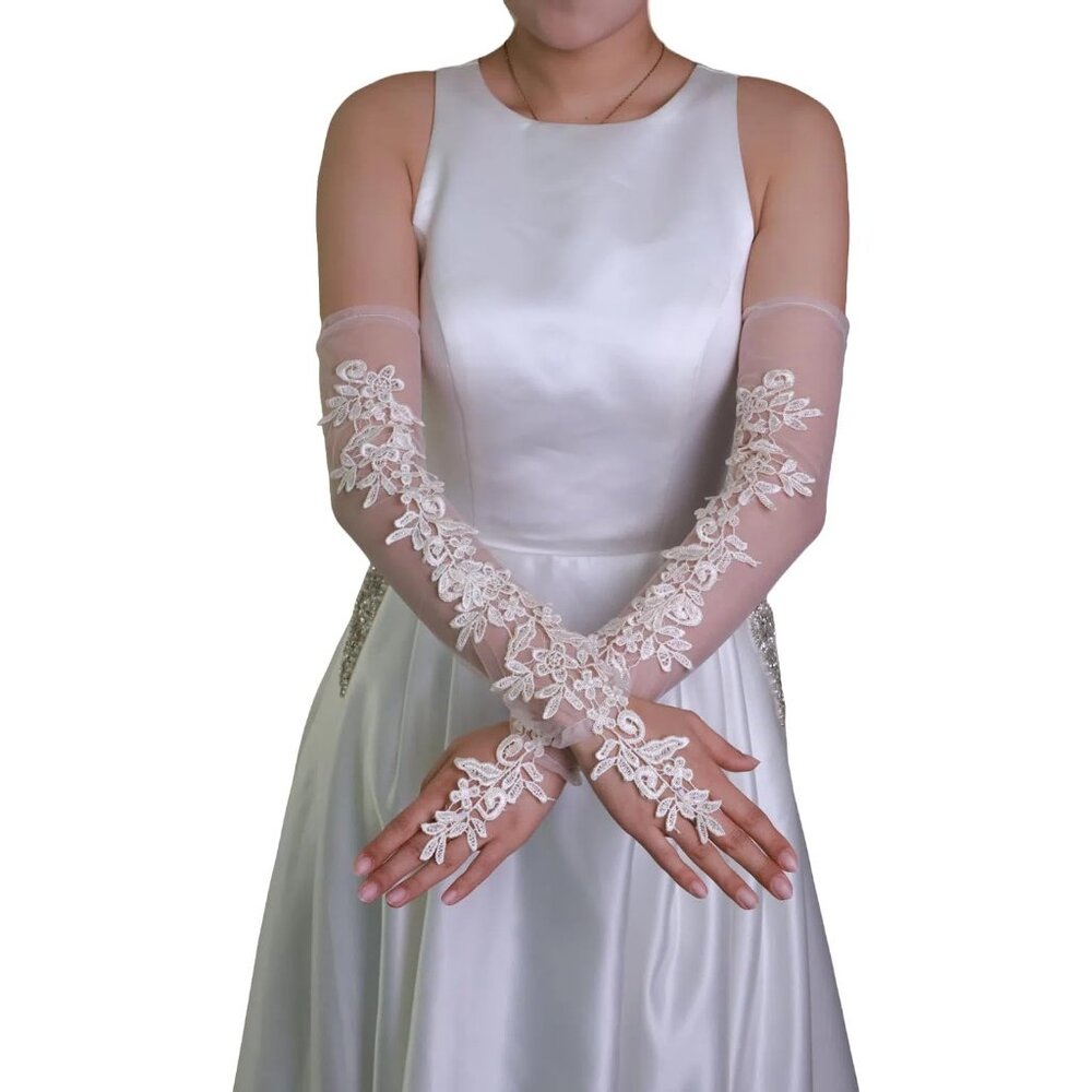 Women's A-Lace Fingerless A-Champagne Elbow Length Tulle Gloves Party Prom
